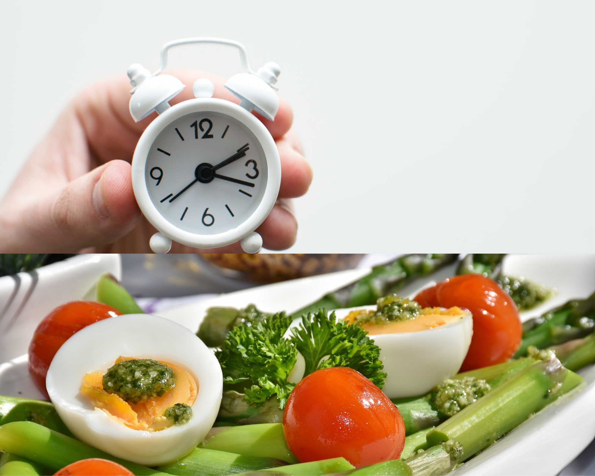 A clock and a plate of asparagus dish